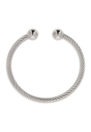 Hopeinen kiertynyt metallinen rannekoru, jossa kaksi kiillotettua pallomaista päätä ja avoin toiselta sivulta.