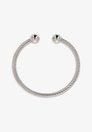 Srebrna, skręcana bransoleta z metalu z dwoma wypolerowanymi kulistymi końcami, otwarta z jednej strony.