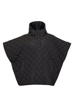 Schwarzer gesteppter Poncho mit hohem Kragen, Frontöffnung und seitlichen Taschen. Hergestellt aus glattem, langlebigem Material mit einem Rautenmuster.
