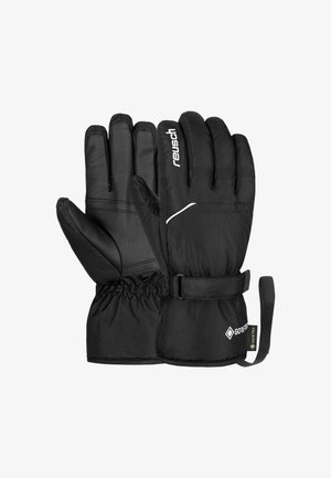 Zwarte winterhandschoenen met een leren palm, geïsoleerde stoffen achterkant, verstelbare polsband en een gestructureerde grip. Opvallend Gore-Tex logo aanwezig.