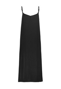 Schwarzes ärmelloses Kleid mit dünnen Trägern, aus leichtem Stoff gefertigt. Verfügt über einen geraden Schnitt und einen dezenten Glanz, der eine glatte Textur bietet.