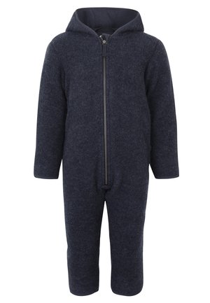 Mono de forro polar azul marino con mangas largas, capucha y cierre frontal con cremallera, diseñado para proporcionar calor y cobertura total del cuerpo.