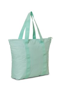 Mintgroene tote bag van een zachte, gestructureerde stof, met twee stevige handvatten en een ritssluiting aan de bovenkant. Rectangulaire vorm.