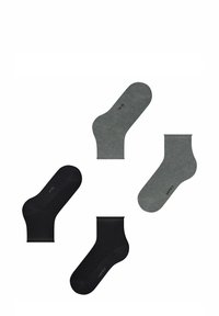 Vier paar sokken: twee zwarte, twee grijze. Eén zwart paar heeft een gestructureerd ontwerp, de grijze paren zijn glad. Verschillende lengtes, enkelsokken en crew-sokken.