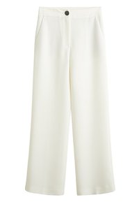 Spodnie o szerokich nogawkach w kolorze kremowym, wykonane z gładkiej tkaniny. Z przodu zapinane na guziki, z bocznymi kieszeniami. Minimalistyczny design bez wzorów.