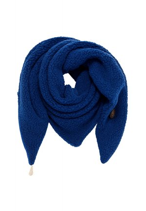 Blue fleece scarf, textured with a soft finish. Features a twisted design and a decorative button on one side. Includes a silver accent tip.