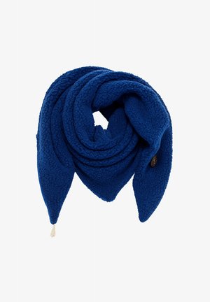 Blue fleece scarf, textured with a soft finish. Features a twisted design and a decorative button on one side. Includes a silver accent tip.