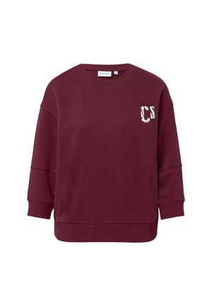 Burgundy crewneck sweatshirt with dropped shoulders and white graphic text "CI" on the upper left chest.