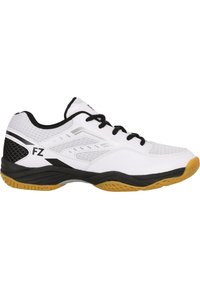 Vita och svarta träningsskor med nätpaneler, halkfri gummisula och snördesign. Har "FZ"-logotyp på sidan.