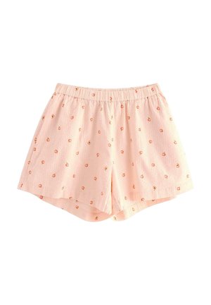 Light pink shorts with an elastic waistband, featuring a textured fabric and small, scattered orange and yellow fruit motifs.