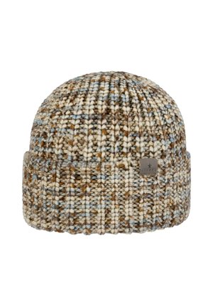 Chunky knit beanie in beige, brown, and light blue yarn with a folded brim and small rectangular brand tag on side.