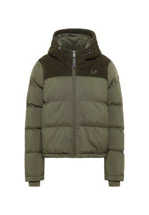 Puffer jacket with a hood, olive green color, featuring a corduroy upper section, zip closure, and elastic cuffs for a snug fit.