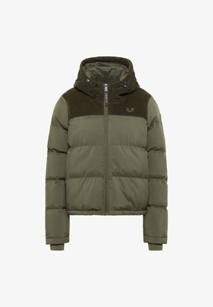 Kapuutiga puhvrjakker, oliiviroheline värv, millel on teksakangast ülemine osa, lukuga sulgemine ja elastsed mansetid mugavaks sobivuseks.