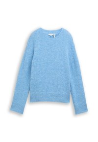 Hellblaues Sweatshirt aus weichem Material, mit Rundhalsausschnitt, langen Ärmeln, gerippten Bündchen und einem entspannten Schnitt. Keine Muster oder Akzente.