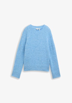 Helesin sinine kampsun pehmest materjalist, ümarate krae ja pikkade varrukatega, ribbed mansettide ja vabalt langeva silueti ning ilma mustrite ja aksessuaarideta.