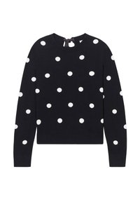 Zwarte sweater met witte stippen, ronde halslijn, lange mouwen en een strikdetail aan de achterkant van de nek. Zachte textuur, slim fit.