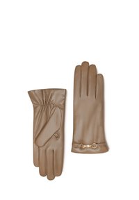 Brown leather gloves with a smooth texture. One glove features a gathered wrist, while the other has a decorative gold hardware accent.