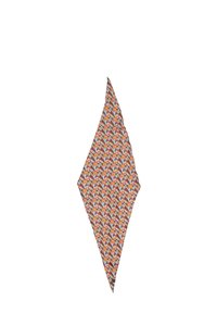 Diamond-shaped silk scarf featuring a colorful geometric pattern in orange, blue, and green against a light background.