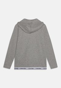 Felpa grigia con cappuccio, maniche lunghe, in tessuto misto cotone, caratterizzata da una vita a coste con logo "Calvin Klein" in colori a contrasto.