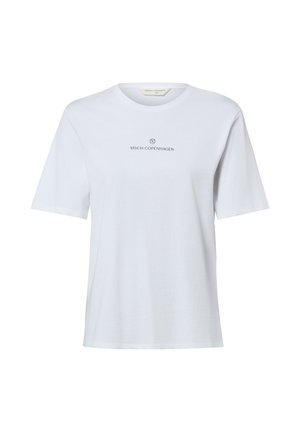 T-shirt blanc à manches courtes avec un col rond et le logo "MSCH COPENHAGEN" imprimé en noir au centre devant.