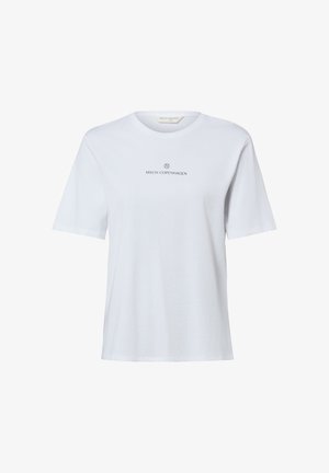 Weißes Kurzarm-T-Shirt mit rundem Ausschnitt und dem schwarzen Aufdruck "MSCH COPENHAGEN" in der Mitte vorne.