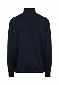 Navy blue sweatshirt with a high collar and long sleeves, featuring ribbed cuffs and a smooth, textured fabric. No visible patterns or logos.
