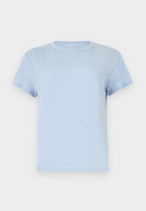 helehelesinine lühikeste varrukatega ümmarguse kaelusega t-särk, millel on lihtne ühevärviline disain ja pehme kangatekstuur.