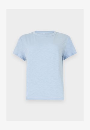 helehelesinine lühikeste varrukatega ümmarguse kaelusega t-särk, millel on lihtne ühevärviline disain ja pehme kangatekstuur.
