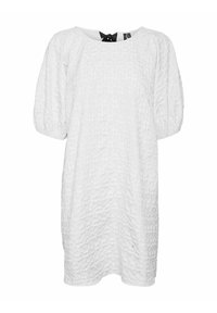 Valkoinen mekko, jossa on teksturoitu kangas, rento leikkaus, pyöreä pääntie ja lyhyet puffihihat. Selässä on musta nauhadetaili.