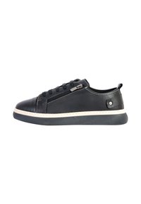 Black leather sneaker with lace-up design, side zipper detail, and white stitching. Features a thick rubber sole and a rounded toe.