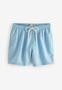 Costumi da bagno azzurri chiari con cintura elastica, chiusura con cordino, tasche laterali e un piccolo logo di palma arancione sull'orlo.