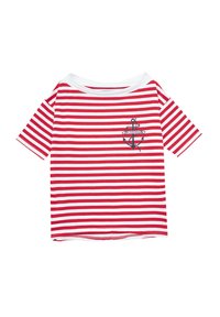 Czerwono-biała, w paski, krótka koszulka z szerokim dekoltem oraz dekoracyjnym graficznym wzorem kotwicy na piersi. Miękka tekstura materiału.