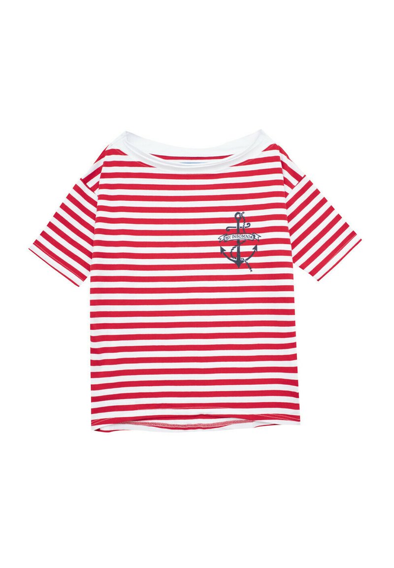 Czerwono-biała, w paski, krótka koszulka z szerokim dekoltem oraz dekoracyjnym graficznym wzorem kotwicy na piersi. Miękka tekstura materiału.