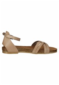 Sandal in pelle beige caratterizzato da più cinturini incrociati, punta arrotondata e una soletta in sughero testurizzato con suola in gomma a profilo basso.