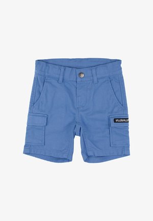 Lysblå cargo shorts lavet af slitesterkt materiale, der har to sidelommer og et mærke med brandnavnet "VILLERVALLA."