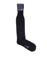 Dark navy socks made of soft fabric, featuring a light blue logo and brand name near the toe. Smooth texture, knee-high design.