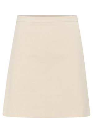 Falda de algodón beige en forma de A con una textura suave, que presenta una cinturilla oculta y sin cierres visibles.