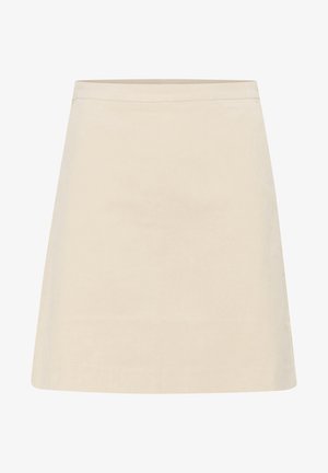 Falda de algodón beige en forma de A con una textura suave, que presenta una cinturilla oculta y sin cierres visibles.