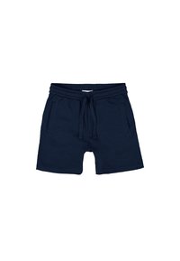 Shorts azul marino hechos de tela texturizada, con una cinturilla elástica con cordón y dos bolsillos laterales, cortados por encima de la rodilla.