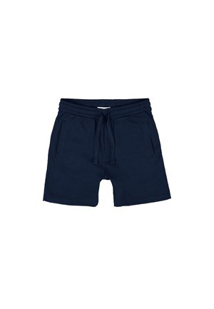Pantaloni corti blu navy realizzati in tessuto texturizzato, con cintura elastica e cordino, due tasche laterali, taglio sopra il ginocchio.