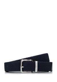 Cinturón tejido azul marino con hebilla de metal y acentos de cuero. Presenta un diseño texturizado adecuado para el uso casual o formal.