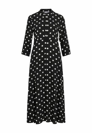Czarna sukienka z długim rękawem w białe kropki, z przodem zapinanym na guziki i kołnierzykiem, wykonana z gładkiego, zwiewnego materiału.