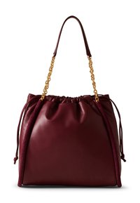 Maroon leather handbag with a drawstring closure and gold chain strap. Features a textured trim and soft, slouchy shape.