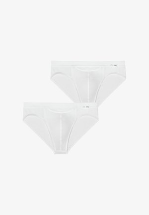 Weiße Baumwollunterwäsche im Zweierpack, mit glatter Textur, elastischem Bund und minimalistischem Design ohne sichtbare Muster.