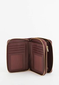 Burgundy leather wallet with gold zipper. Interior features multiple card slots and ID windows, showcasing a textured surface.