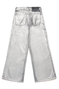 Silver metallic wide-leg jeans with a smooth texture, featuring two back pockets and a brand label on the waistband.