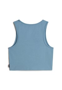 Blå, ärmlös crop top med en slät textur, rundad halsringning och sydda kanter. Har en liten logotagg på den nedre sidan.