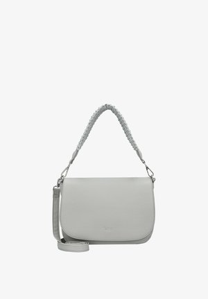 Sac à épaule en cuir gris avec une bandoulière tressée, texture lisse, fermeture à rabat et accents en métal argenté. Logo Gabor présent à l'avant.