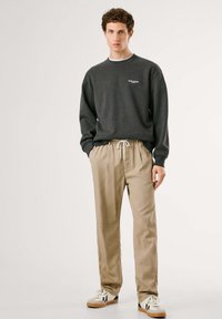 Grauer Sweatshirt mit Rundhalsausschnitt und Logo, kombiniert mit beigen Jogginghosen mit Kordelzug und weißen Sneakers mit schwarzen Akzenten. Glatte Texturen überall.