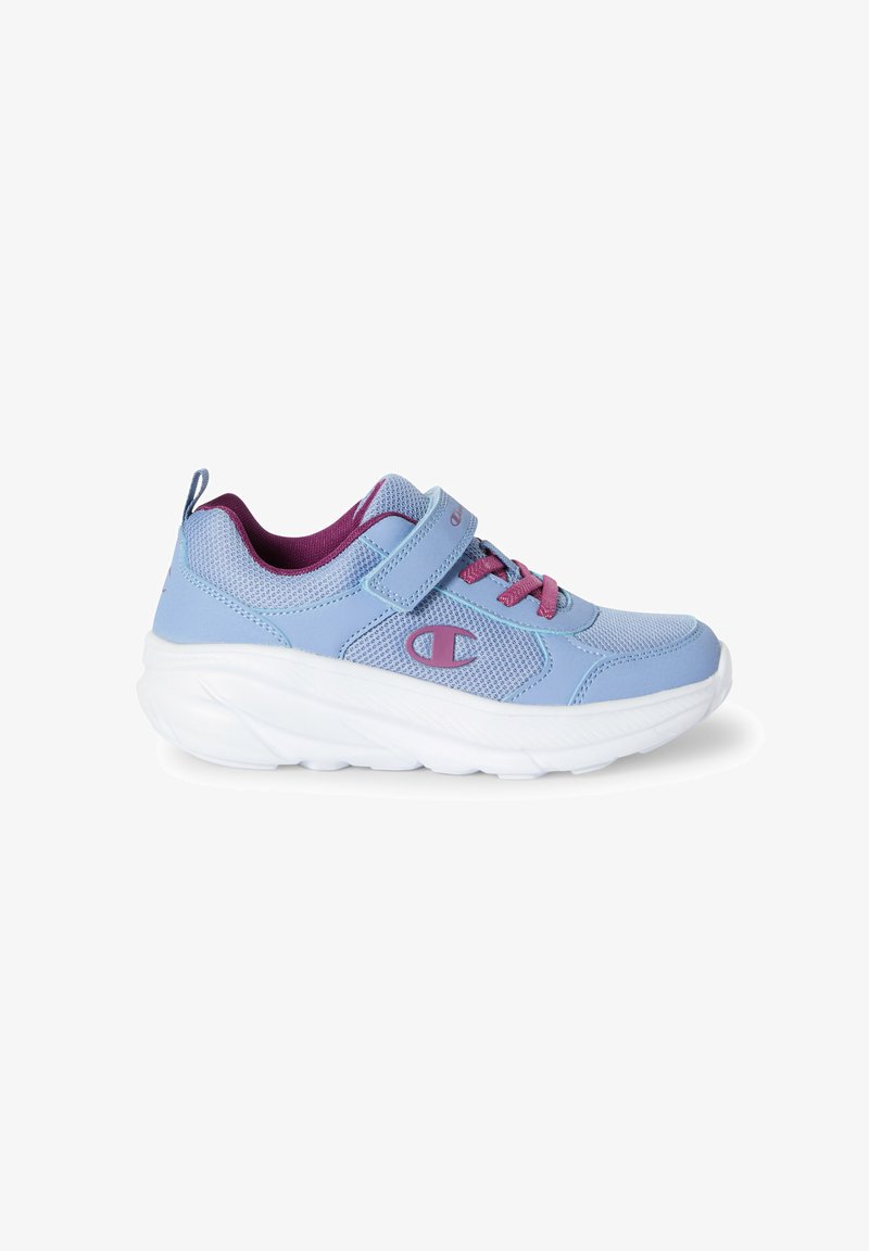 Light blue athletic shoe with a mesh upper, purple accents, Velcro strap, and a thick white sole. Features logo detail on the side.